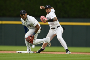 June 8, 2024 ~ Detroit Tigers shortstop Javier Báez (28) looks to turn a double play after receiving a relay toss from Detroit Tigers second baseman Andy Ibáñez (77) against the Milwaukee Brewers in the sixth inning at Comerica Park. Photo: Lon Horwedel ~ USA TODAY Sports