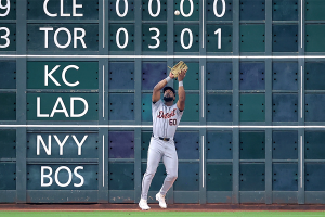 June 15, 2024 ~ Detroit Tigers left fielder Akil Baddoo (60) catches a fly ball for an out against the Houston Astros during the first inning at Minute Maid Park. Photo: Erik Williams ~ USA TODAY Sports