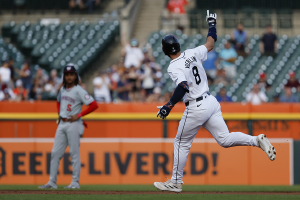 June 12, 2024 ~ Detroit Tigers third baseman Matt Vierling celebrates after he hits a home run in the first inning against the Washington Nationals at Comerica Park. Photo: Rick Osentoski ~ USA TODAY Sports