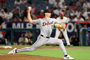 June 28, 2024 ~ Detroit Tigers relief pitcher Shelby Miller (7) pitches during the eighth inning against the Los Angeles Angels at Angel Stadium. Photo: Kiyoshi Mio ~ USA TODAY Sports