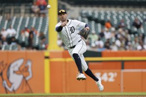 June 26, 2024 ~ Detroit Tigers shortstop Ryan Kreidler (32) makes a throw against the Philadelphia Phillies in the third inning at Comerica Park. Photo: Rick Osentoski ~ USA TODAY Sports