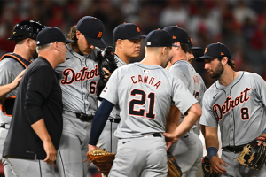 June 29, 2024 ~ Detroit Tigers pitcher Jason Foley (68) meets at the mount with first baseman Mark Canha (21), outfielder Matt Vierling (8), and other teammates against the Los Angeles Angels during the tenth inning at Angel Stadium. Photo: Jonathan Hui ~ USA TODAY Sports