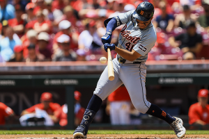 July 7, 2024 ~ Detroit Tigers outfielder Wenceel Perez (46) bats against the Cincinnati Reds in the first inning at Great American Ball Park. Photo: Katie Stratman ~ USA TODAY Sports