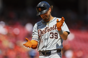 July 7, 2024 ~ Detroit Tigers shortstop Zach McKinstry reacts after hitting a two-run home run in the eighth inning against the Cincinnati Reds at Great American Ball Park. Photo: Katie Stratman ~ USA TODAY Sports