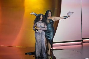 Feb 4, 2024; Los Angeles, CA, USA; SZA accepts the award for best R&B Song from Lizzo during the 66th Annual Grammy Awards at Crypto.com Arena in Los Angeles on Sunday, Feb. 4, 2024. Mandatory Credit: Robert Hanashiro-USA TODAY