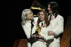 Feb 4, 2024; Los Angeles, CA, USA; Phoebe Bridgers, from left, Julien Baker and Lucy Dacus of Boygenius accept the award for best rock song during the 66th Annual GRAMMY Awards Premiere Ceremony at the Peacock Theater in Los Angeles on Sunday, Feb. 4, 2024. Mandatory Credit: Robert Hanashiro-USA TODAY