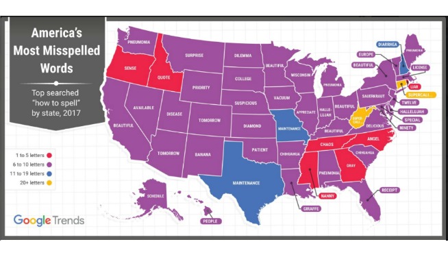 A map of the hardest word for each state to spell?