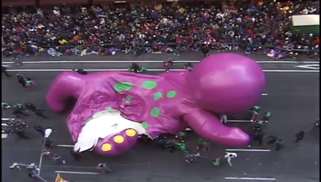 Watch a Barney Balloon Die during the 1997 Thanksgiving Day Parade