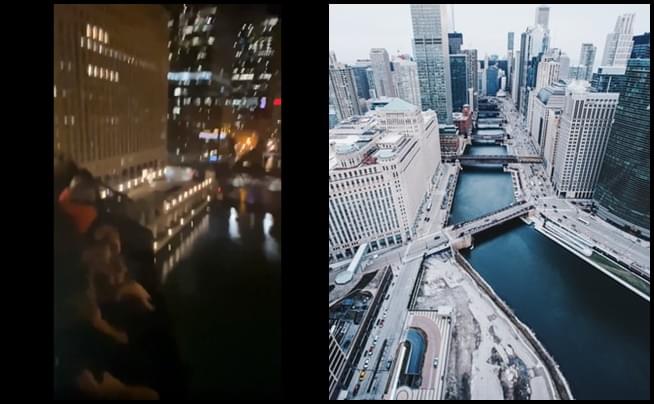 Group films themselves on a raised bridge above Chicago River