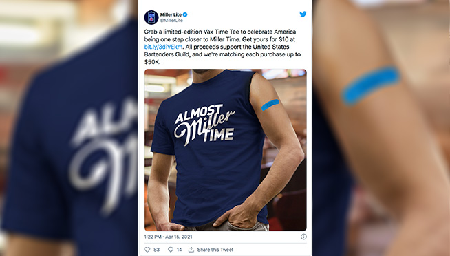 Miller Lite selling one sleeved ‘Vax Time’ T-Shirts