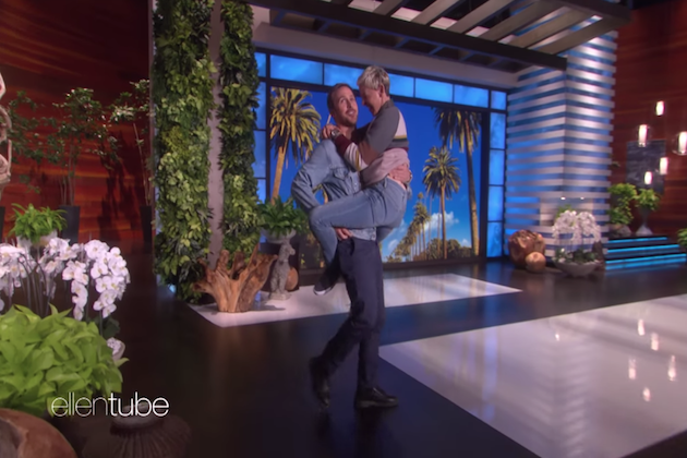 Ellen DeGeneres Fulfills Her Dream of Jumping Into Ryan Gosling’s Arms