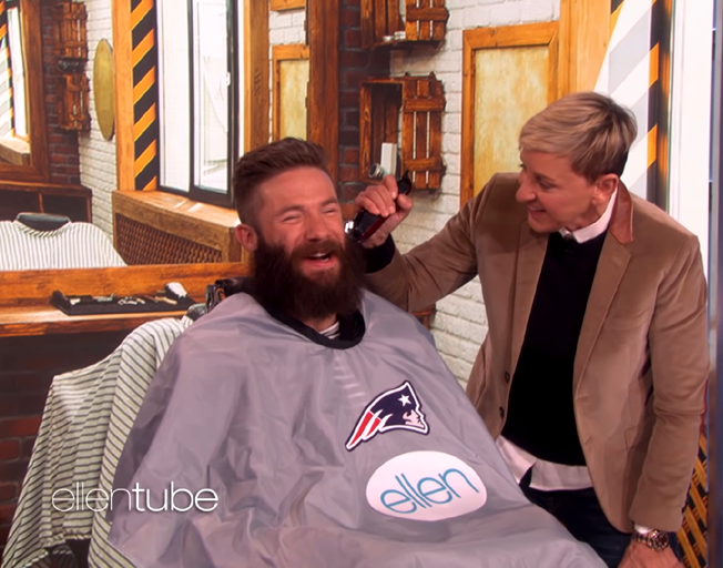 Super Bowl MVP Julian Edelman lets Ellen Shave His Beard for Charity [VIDEO]