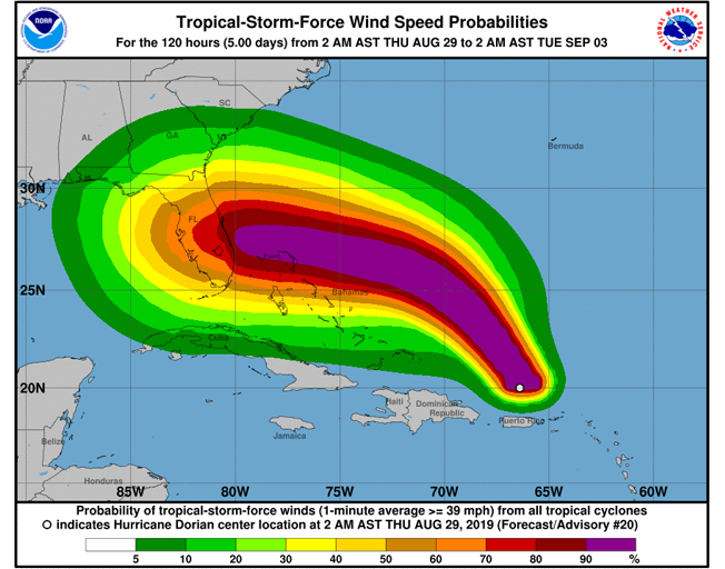 Hurricane Dorian Wind Speed Probabilities Map