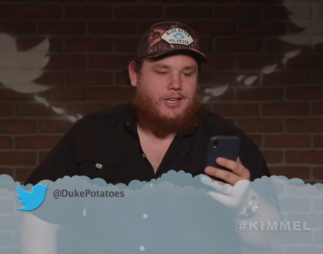 Luke Combs participating in "Mean Tweets" segment on 'Jimmy Kimmel Live'.