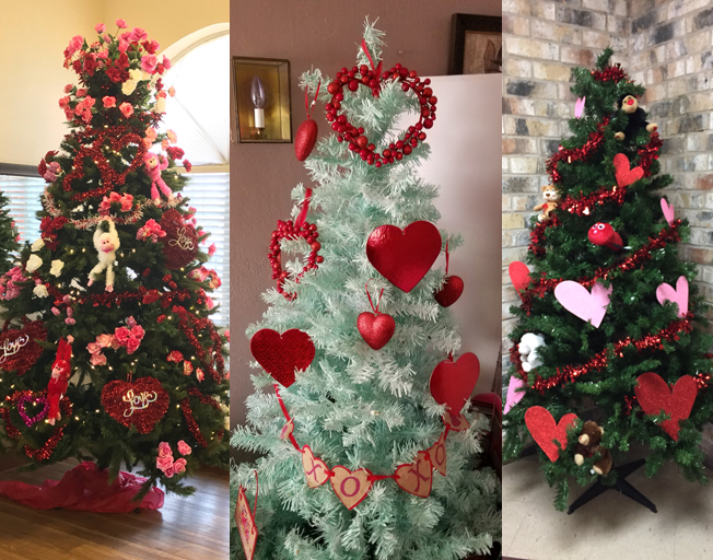 Christmas Trees re-decorated to be "Valentine's Trees"