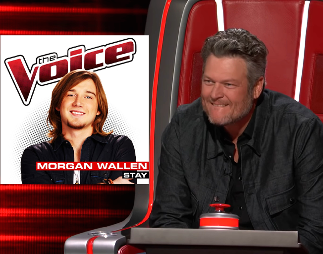Morgan Wallen digital single cover from season 6 of 'The Voice' and Blake Shelton on 'The Voice' season 18