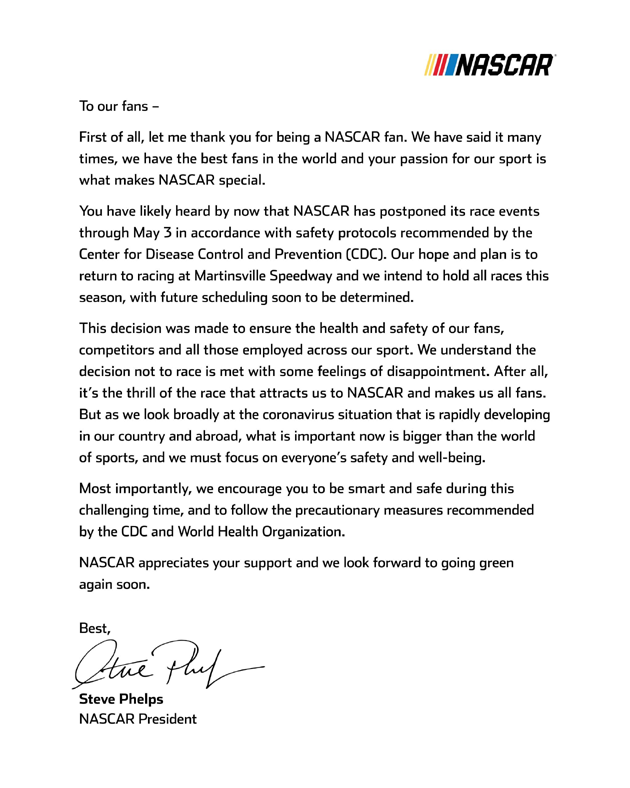 Letter to NASCAR fans from NASCAR President Steve Phelps (Photo credit: NASCAR.com)