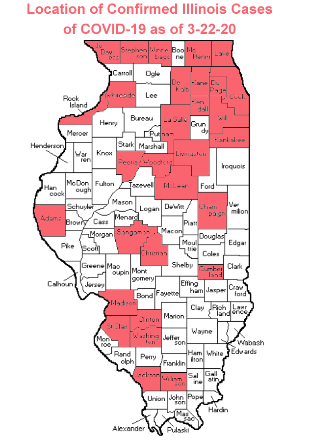 Map of Counties with Confirmed Coronavirus Cases in Illinois as of 3-20-20 (Photo credit: Buck Stevens/B104)