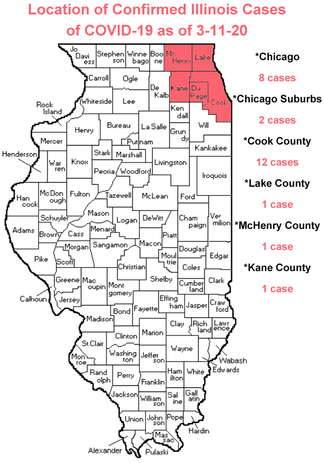 Map of Counties with Confirmed Coronavirus Cases in Illinois as of 3-11-20 (Photo credit: Buck Stevens/B104)