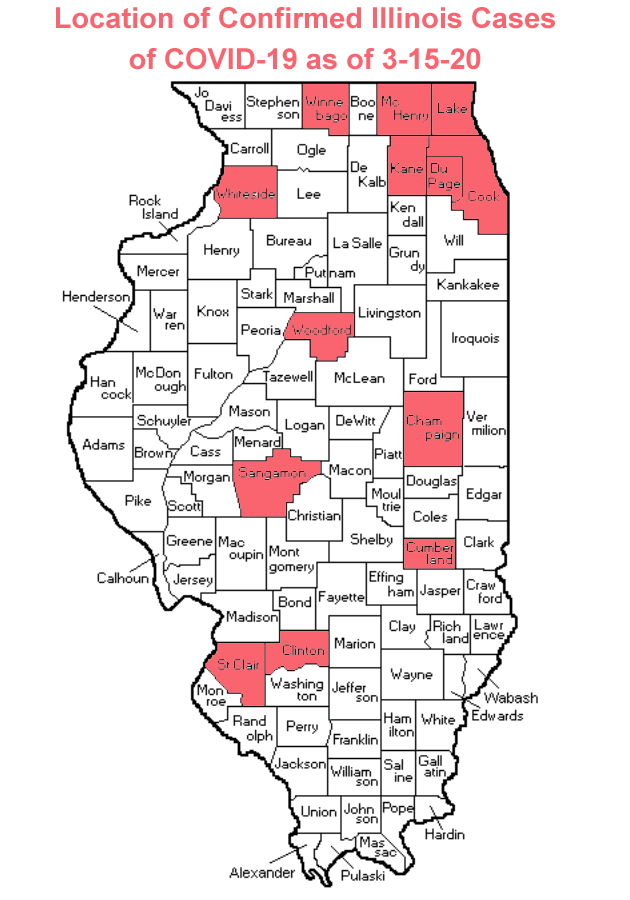 Map of Counties with Confirmed Coronavirus Cases in Illinois as of 3-15-20 (Photo credit: Buck Stevens/B104)