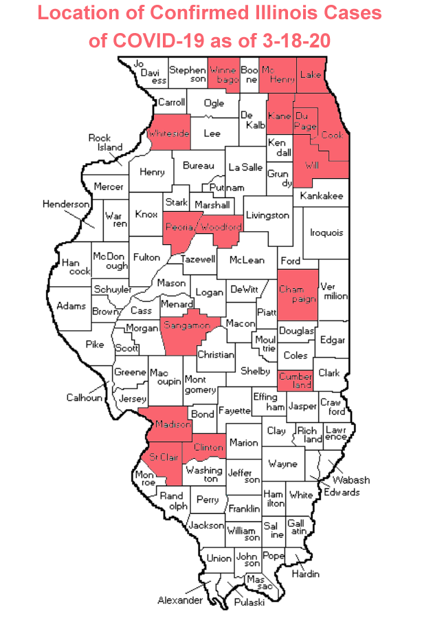Map of Counties with Confirmed Coronavirus Cases in Illinois as of 3-18-20 (Photo credit: Buck Stevens/B104)