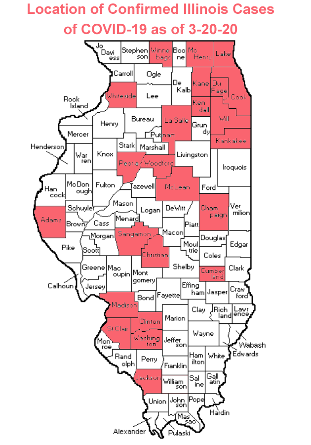 Map of Counties with Confirmed Coronavirus Cases in Illinois as of 3-20-20 (Photo credit: Buck Stevens/B104)