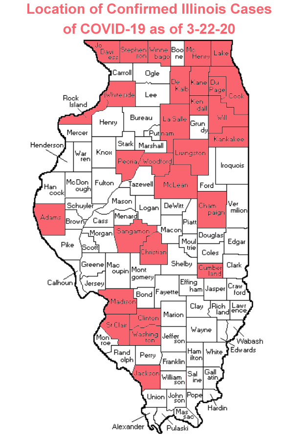 Map of Counties with Confirmed Coronavirus Cases in Illinois as of 3-22-20 (Photo credit: Buck Stevens/B104)