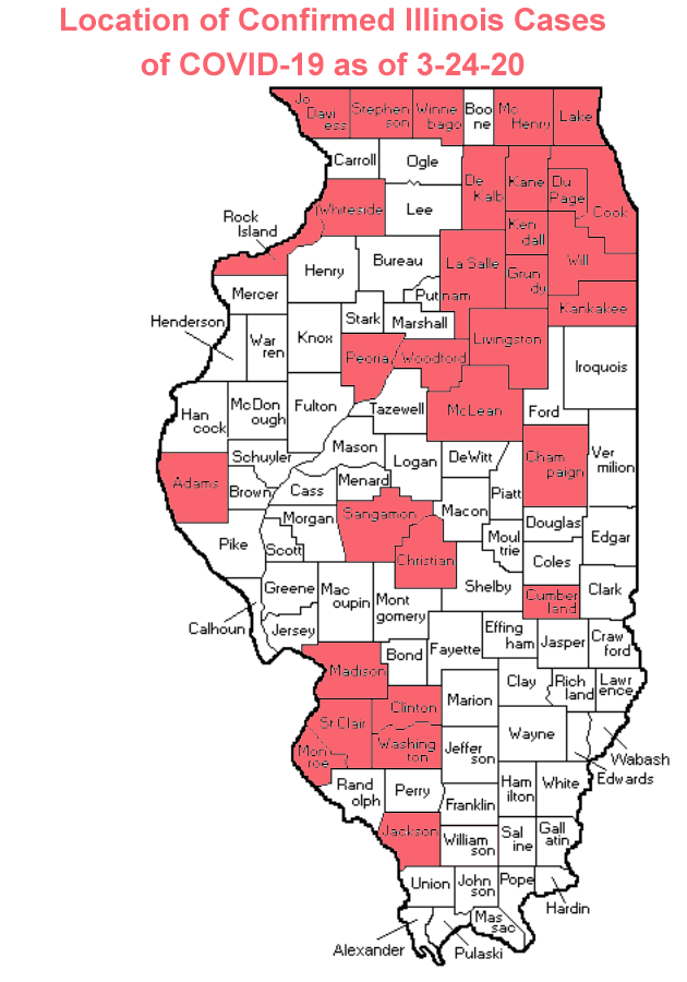 Map of Counties with Confirmed Coronavirus Cases in Illinois as of 3-22-20 (Photo credit: Buck Stevens/B104)