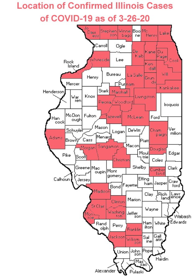 Map of Counties with Confirmed Coronavirus Cases in Illinois as of 3-26-20 (Photo credit: Buck Stevens/B104)