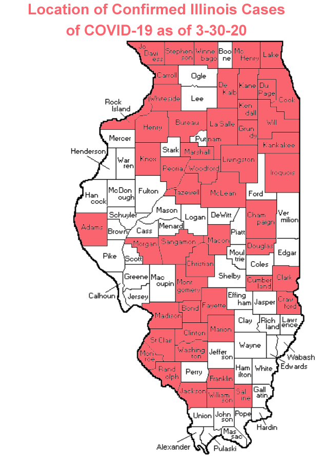 Map of Counties with Confirmed Coronavirus Cases in Illinois as of 3-30-20 (Photo credit: Buck Stevens/B104)