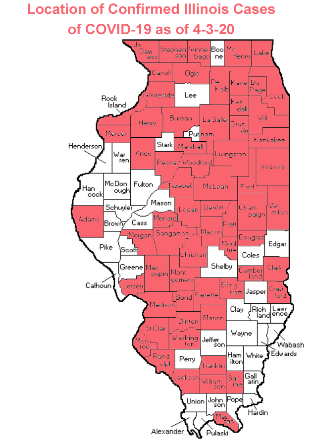 Map of Counties with Confirmed Coronavirus Cases in Illinois as of 4-3-20 (Photo credit: Buck Stevens/B104)