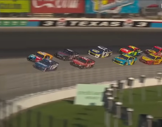 Cars racing in the 2021 NASCAR Cup Series All-Star Race at Texas Motor Speedway 06-13-21