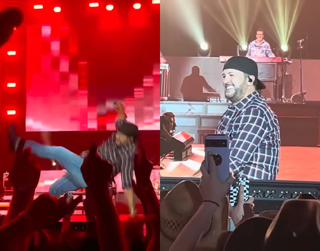 Watch: Luke Bryan Slips on Cell Phone and Falls on Stage