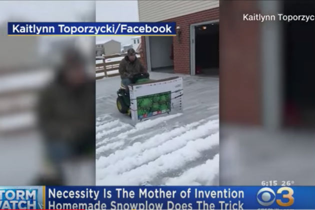 This Guy Created His Own Snow Plow Using a Lawnmower and a TV Box [VIDEO]