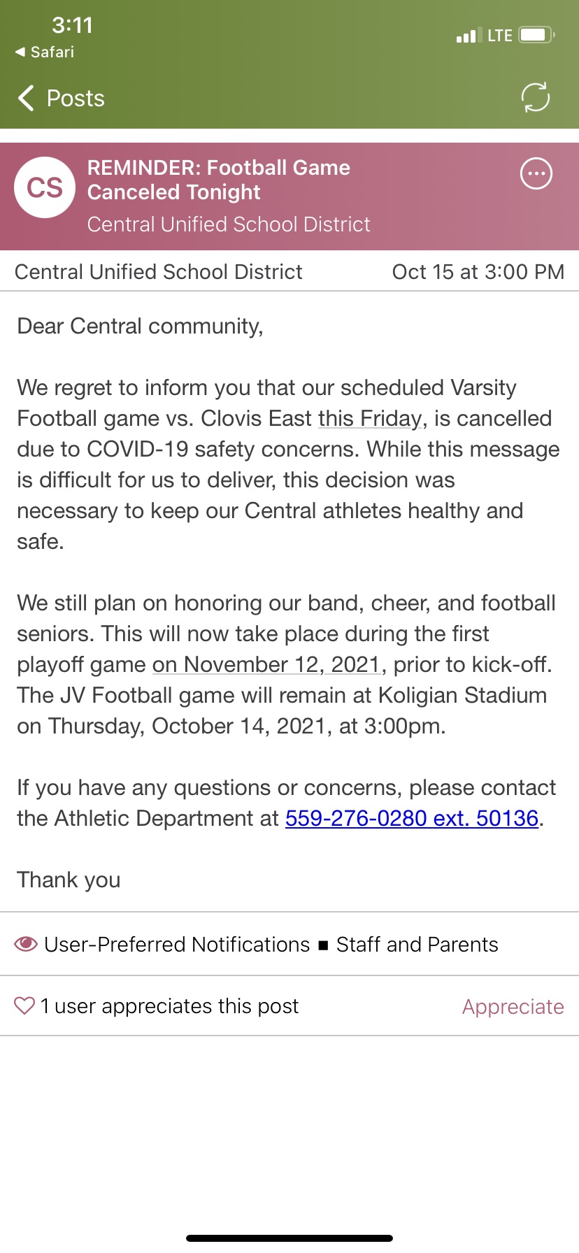 Coronavirus Concerns Force Central High School to Cancel Friday Night Game