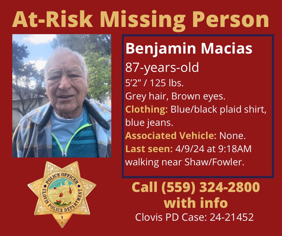 Clovis Police Looking for Missing Elderly Man