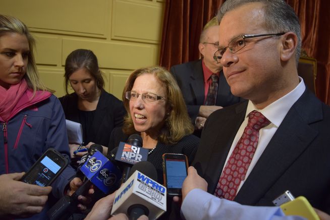 Senate President Teresa Paiva Weed (D-Newport) and House Speaker Nicholas Mattiello (D-Cranston) react to Gov. Gina Raimondo's budget address. Photo by Steve Klamkin WPRO News