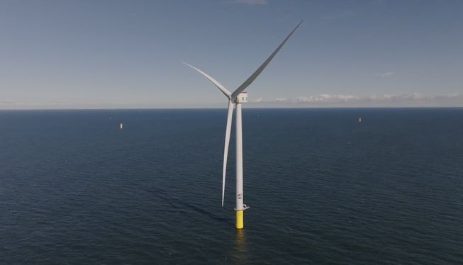 A wind turbine is damaged off Nantucket Island. Searchers are combing beaches for debris