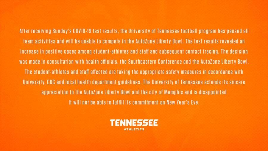 Vols won’t play in Liberty Bowl due to COVID-19 issues, Pruitt and others tested positive Vols won’t play in Liberty Bowl due to COVID-19 issues, Pruitt and others tested positive