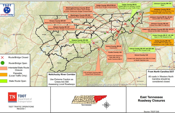 The Tennessee Department of Transportation has a Webpage with Roadway Closure Information