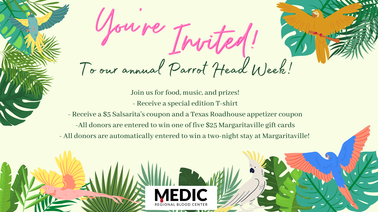 Medic Regional Blood Center Inviting Donors to Parrot Head Week and a Chance at Free Burgers