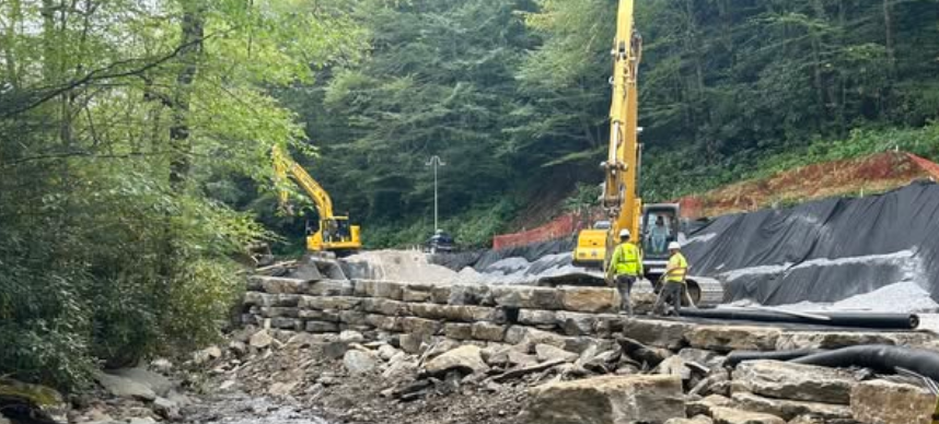 Work Continues on Newfound Gap Road to Haul Away Landslide Debris and Build Retaining Wall in Great Smoky Mountains