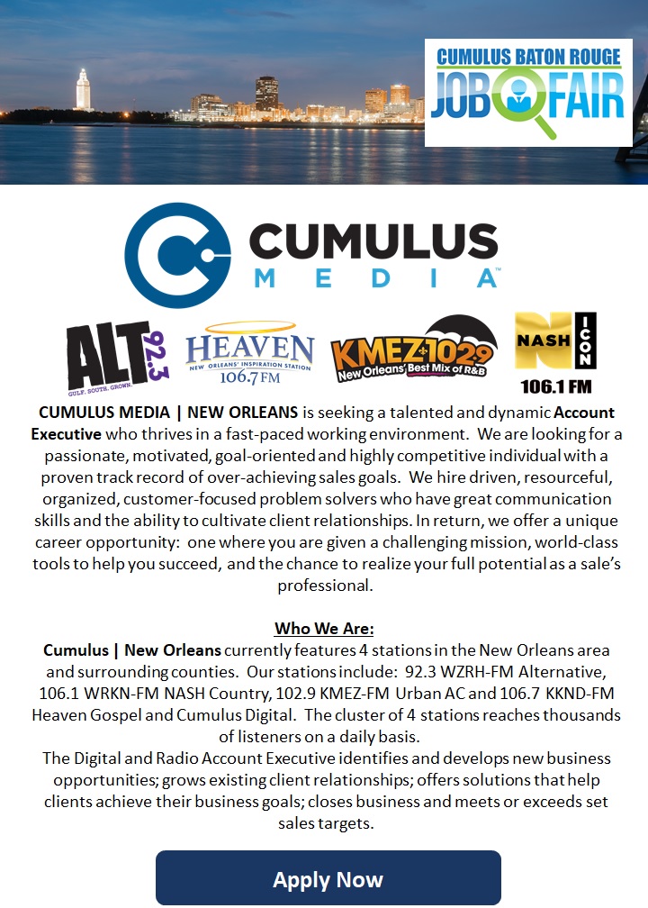 Cumulus Media New Orleans is Hiring a Digital Focused Account Executive 