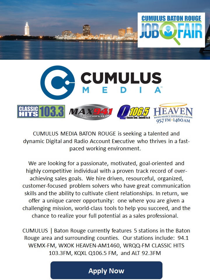 Cumulus Media Baton Rouge is Hiring a Digital & Radio Account Executive 