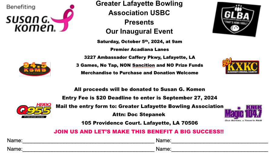 Greater Lafayette Bowling Benefit Susan G, Komen