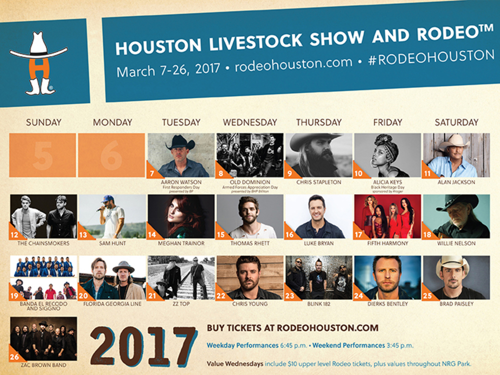 Houston Rodeo Announces Star-Studded 2017 Lineup, Including Willie Nelson, Alan Jackson, Luke Bryan, Thomas Rhett, Sam Hunt, FGL, ZBB, Dierks Bentley, Chris Stapleton & More