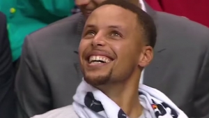 ▶︎ Curry jokes with Iguodala after sloppy turnover