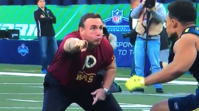 Mustache-less Jim Tomsula running defensive line drills at NFL combine