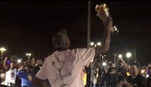 Kevin Durant left his car to celebrate with fans outside Oracle Arena
