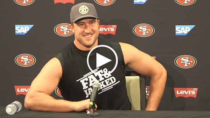 Joe Staley was very excited to show off his ‘Fat & Jacked’ shirt